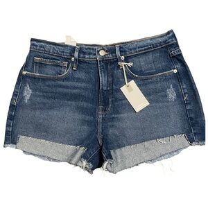 GOOD AMERICAN GOOD 90s DENIM SHORTS FRAYED HEM HI RISE SOME STRETCH SZ 6/27